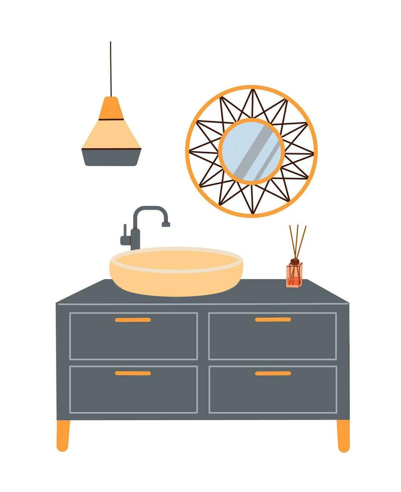 Sink, mirror, luminaire, for bathroom and interior design. Flat vector illustration.