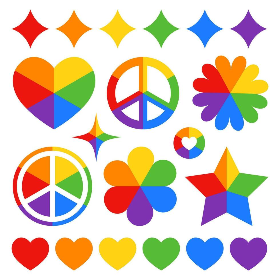 Set of rainbow icons - heart, star, flower, symbol of peace. Pride LGBT stickers collection isolated on white background vector