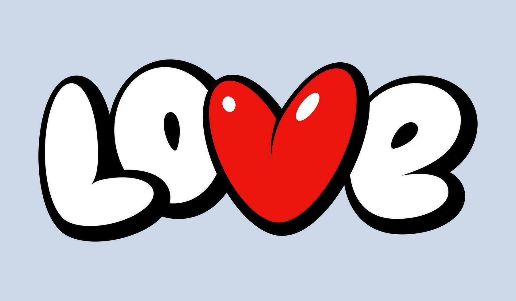 Love lettering with red heart in graffiti style with black outline isolated on white background. vector