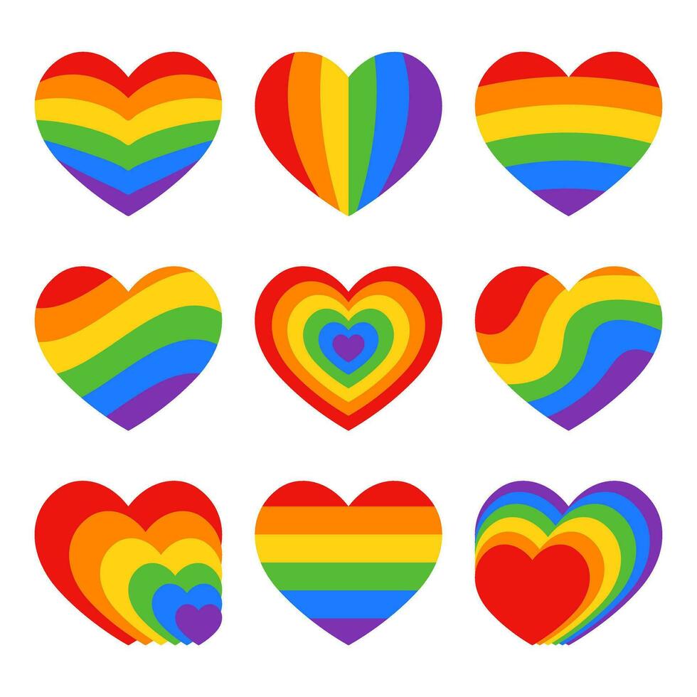 Set of rainbow hearts in colors of LGBTQ flag isolated on white background vector