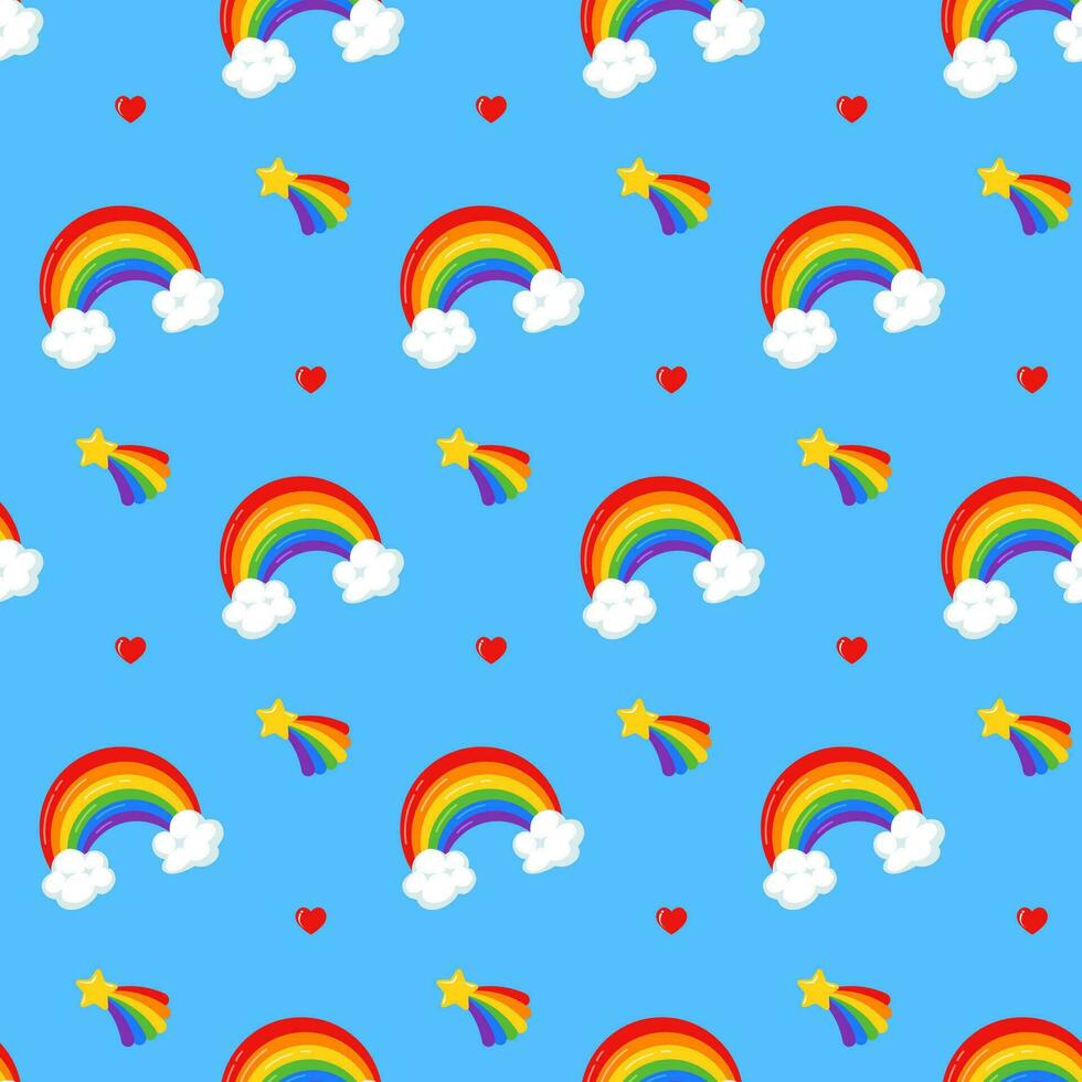 Seamless pattern with colorful rainbow over white clouds, falling star and heart on blue background vector