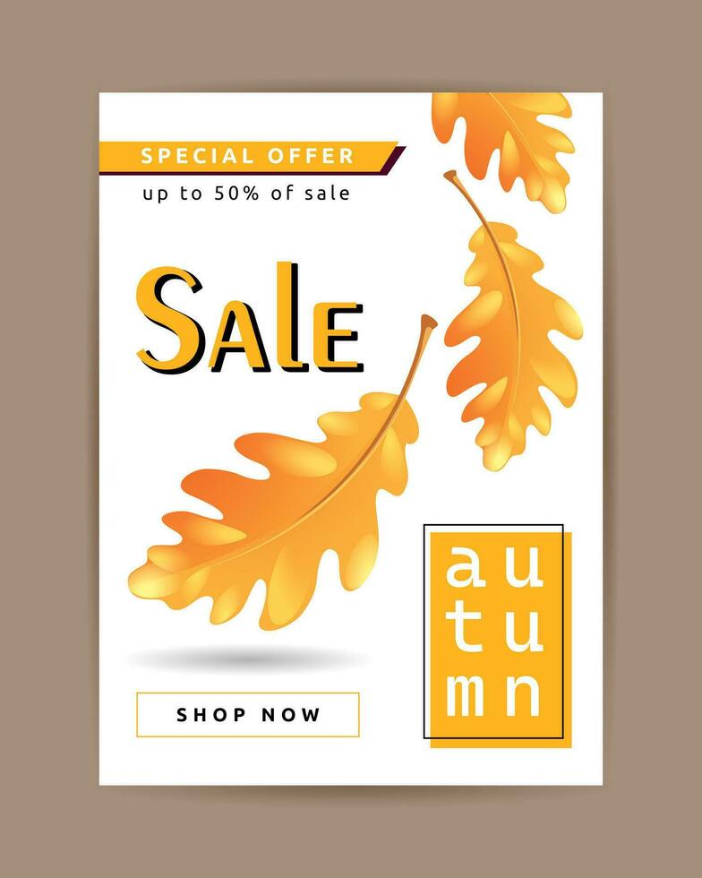Autumn sale banner with falling yellow oak leaves on white background vector