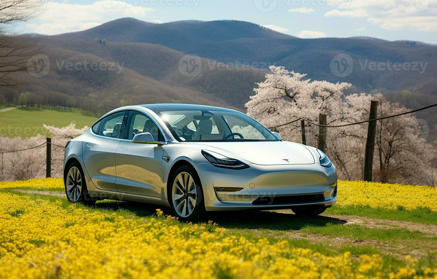 NC RALEIGH US, 17 APRIL 2020 A brand-new Tesla Model 3 all-electric car traveling over a rural route. AI Generative photo