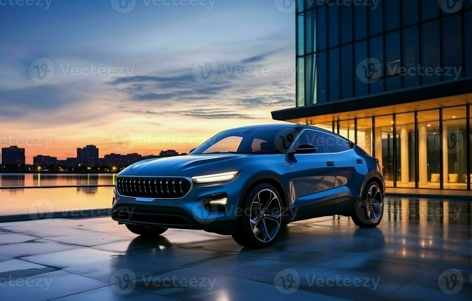 At dusk, a blue compact SUV with a sporty, contemporary appearance is parked on a concrete road by the water. ecologically sound technology. Concept of business success. AI Generative photo