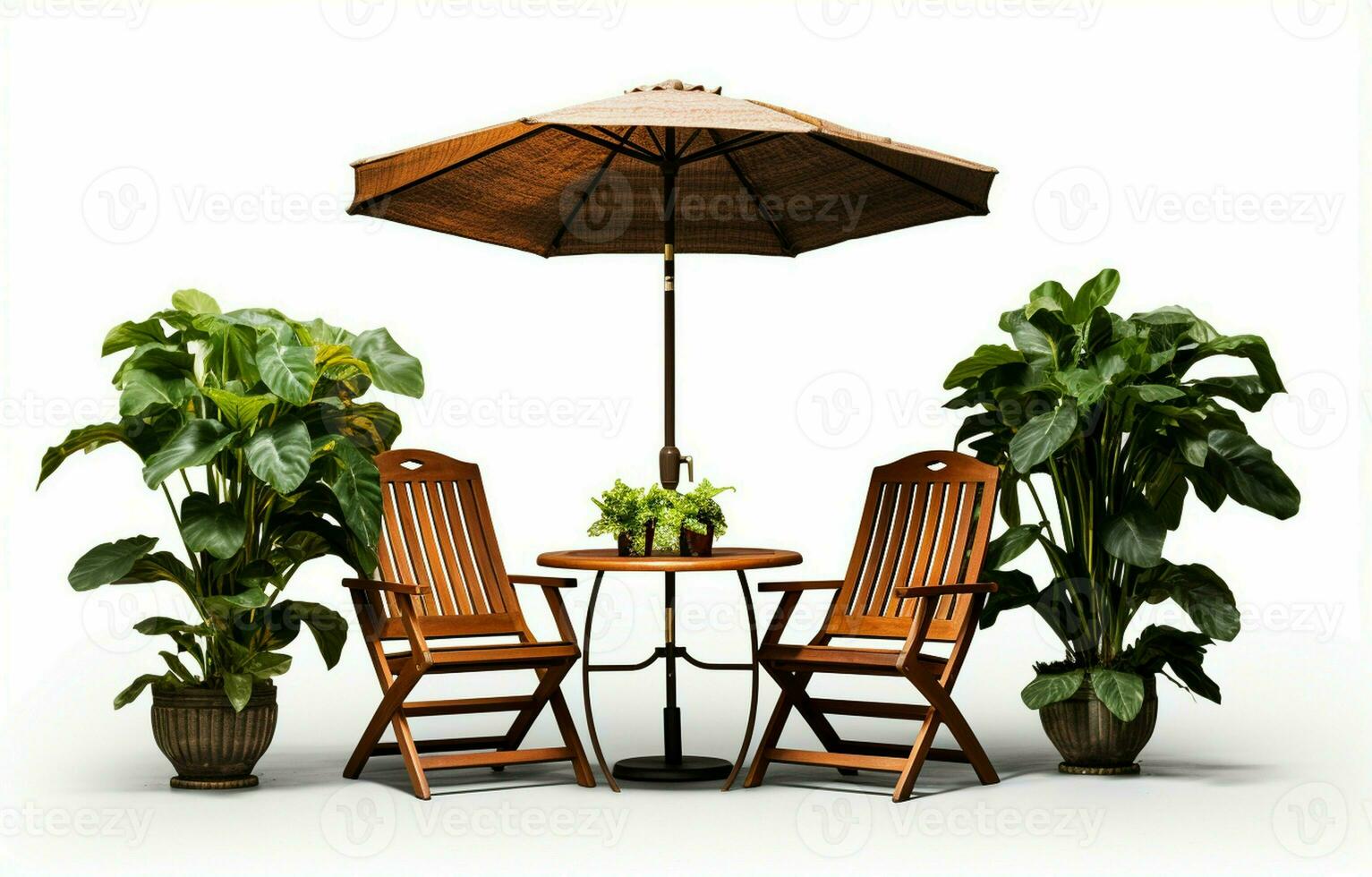 Isolated table, chairs, plant, and umbrella with clipping path. photo