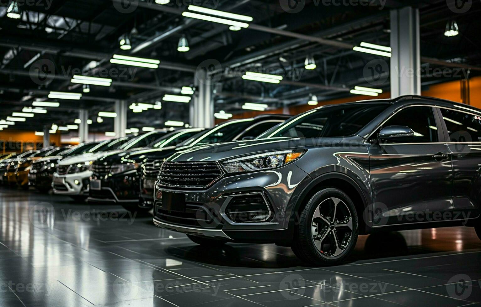 trendy bright auto show A large number of brand-new automobiles are parked in the car dealers' warehouse, which has a contemporary design and mirrors. AI Generative photo