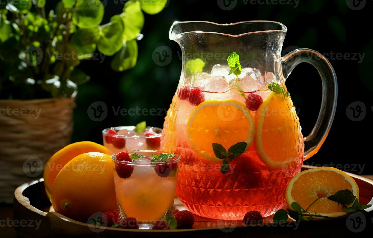 Orange, lime, and champagne fruit punch on ice Fruit Punch in carafe. AI Generative photo