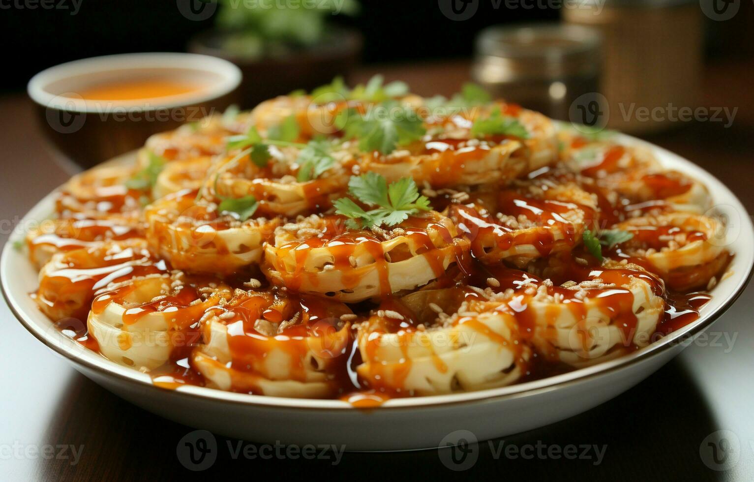 Honey lotus root Chinese food. photo