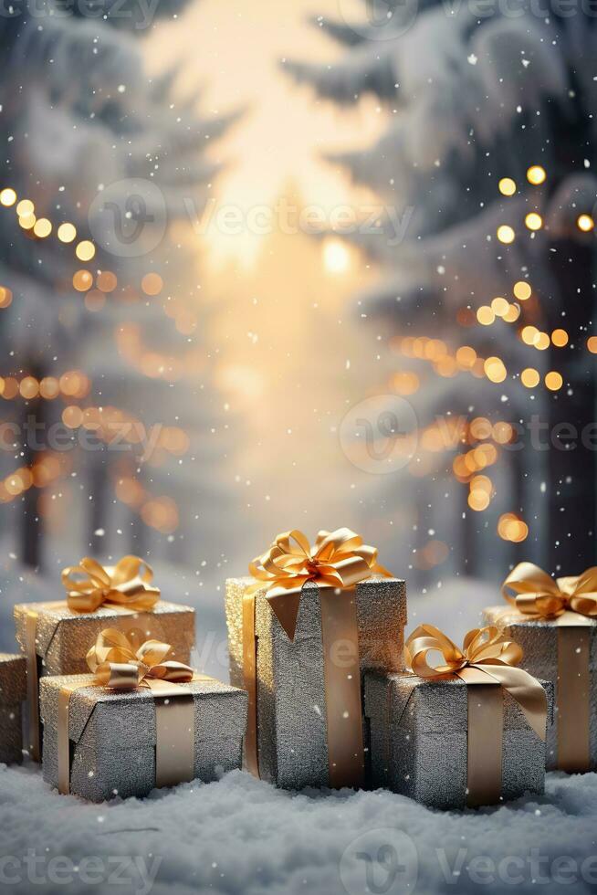 iluminado Navidad regalo cajas en invierno nieve, al aire libre fondo, alegre Navidad y contento nuevo año foto