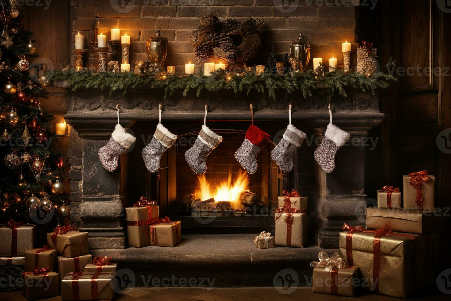 Christmas stockings beside a fireplace in front of gifts, happy time in the house christmas photo