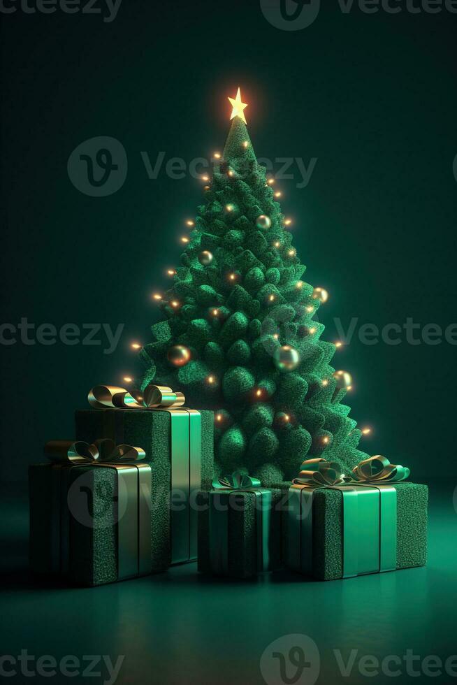 Illuminated decorated green christmas tree with gift boxes on green  background, Merry Christmas and Happy New Year photo