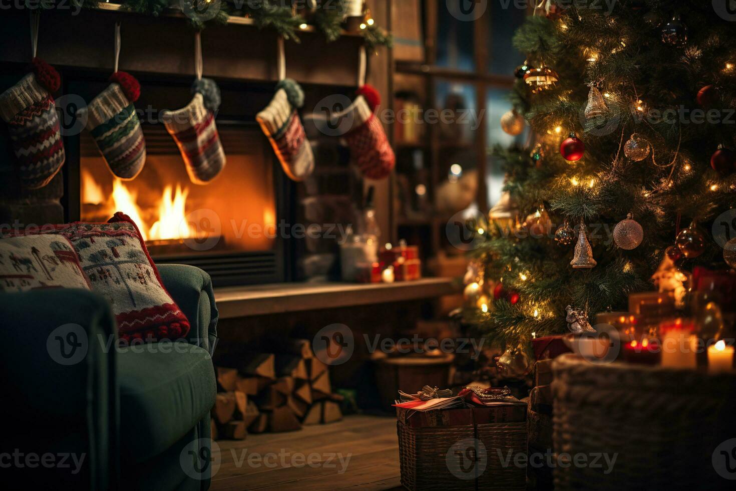 Christmas stockings beside a fireplace in front of gifts, happy time in the house christmas photo