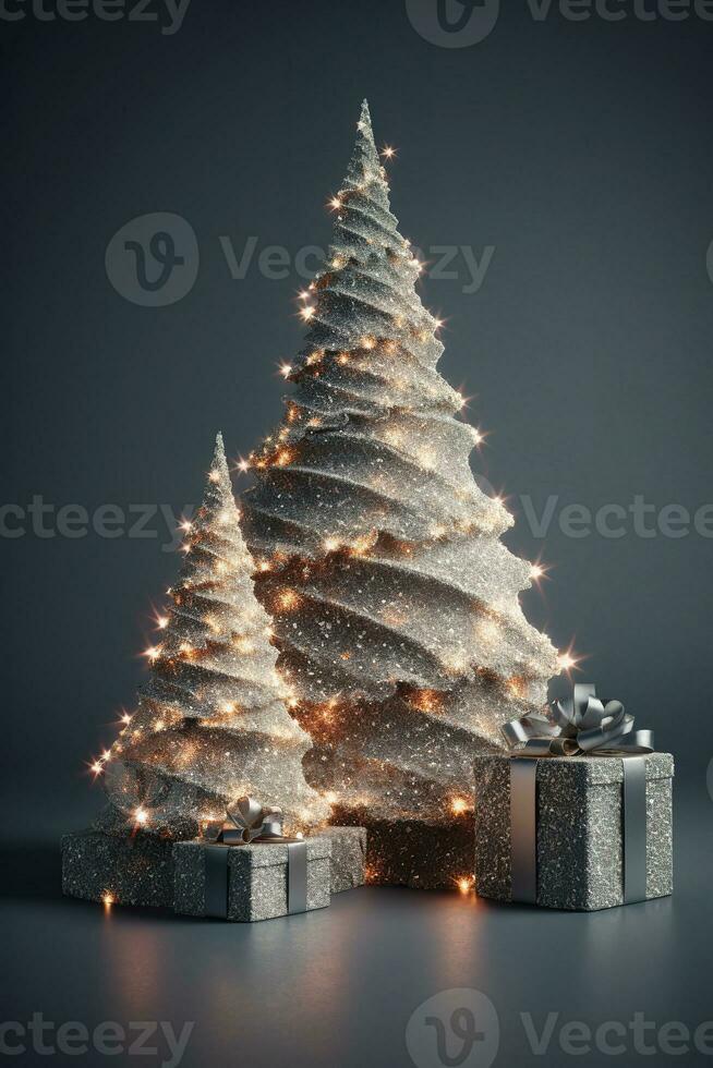 Illuminated decorated grey christmas tree with gift boxes on grey background, Merry Christmas and Happy New Year photo