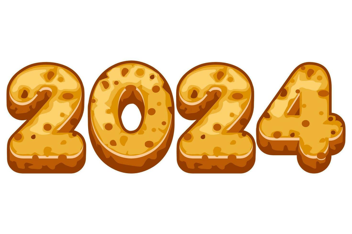 2024 text in gingerbread cookies style. New Year, sweet, dessert. Winter holiday theme. Vector illustration on white background.