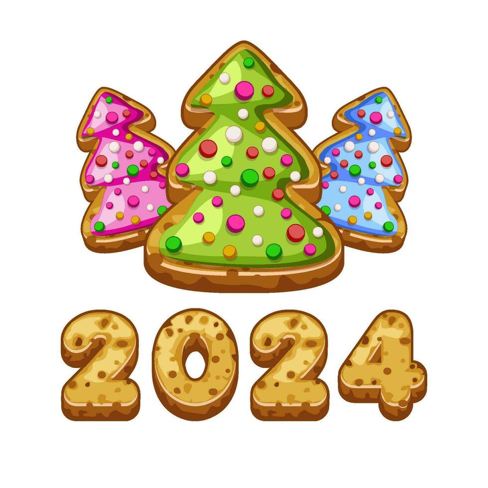 Christmas tree and 2024 text in gingerbread cookies style. New Year, sweet, dessert. Winter holiday theme. Vector illustration on white background.