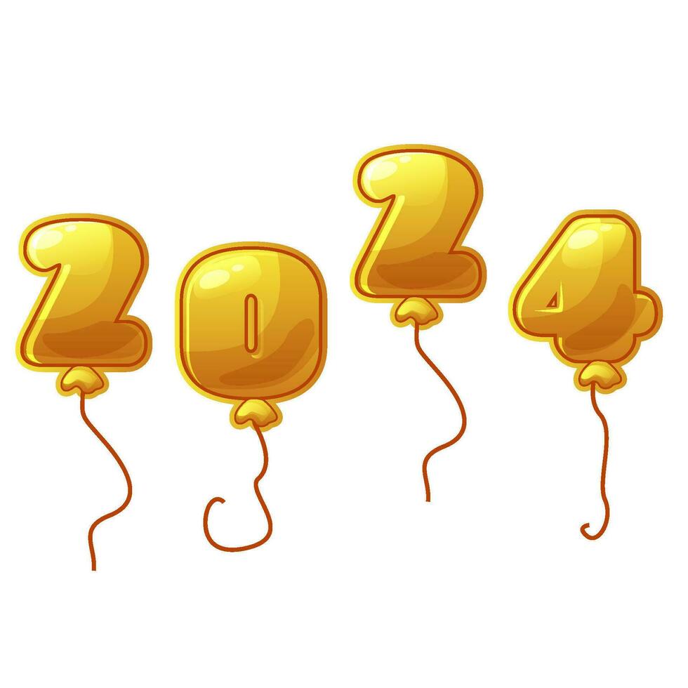 Gold balloon number 2024 new year, isolated vector. Golden holiday party decoration. Cartoon balloon shiny font. vector