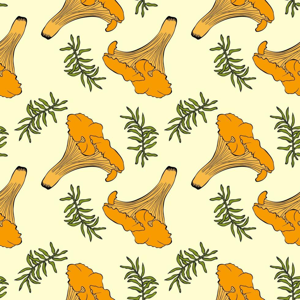 Chanterelle mushroom and moss pattern, hand drawn contour doodle. vector