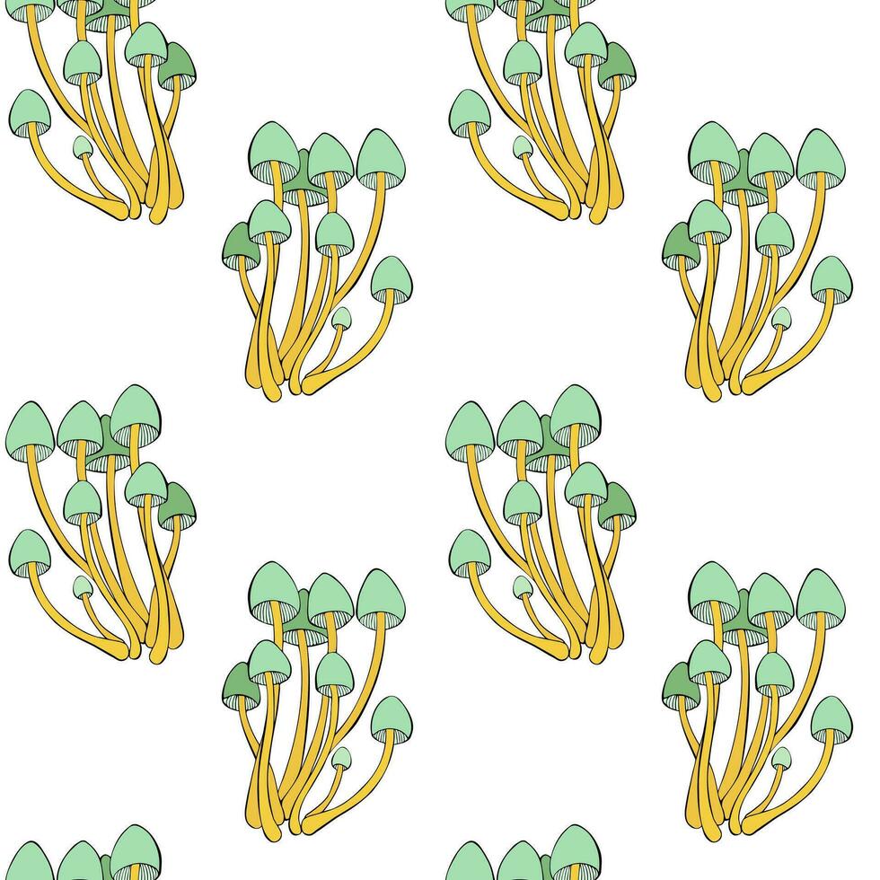 Pattern family Mycena, hand-drawn doodle sketch with beautiful cap. vector
