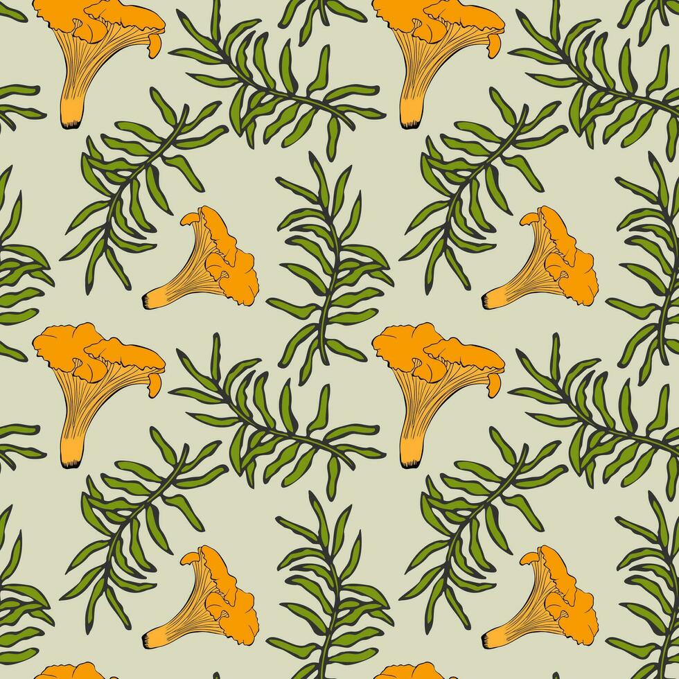 Chanterelle mushroom and moss pattern, hand drawn contour doodle. vector