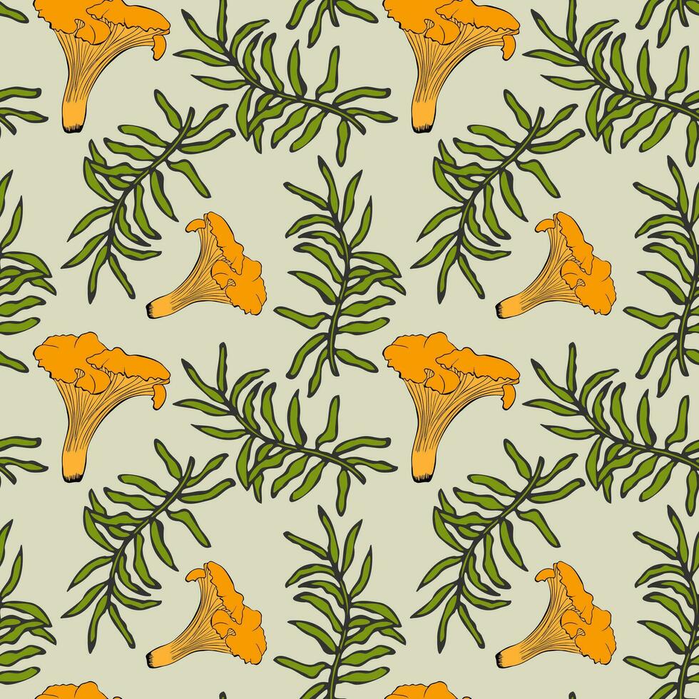 Chanterelle mushroom and moss pattern, hand drawn contour doodle. vector