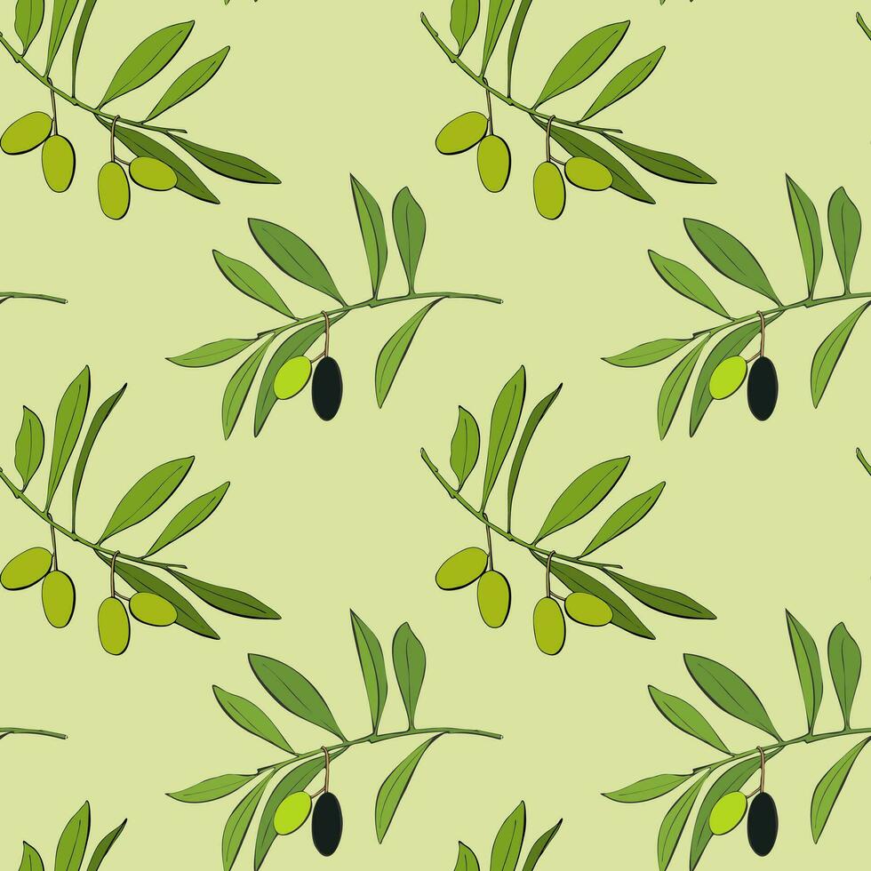 Green pattern with hand drawn olive branch on green background. vector