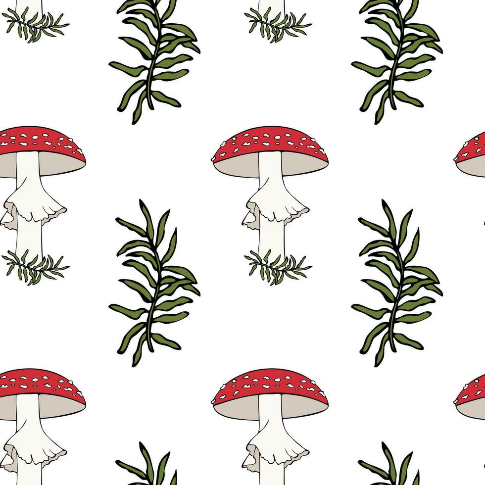Seamless pattern with poisonous Amanita and Moss, hand drawn doodle outline drawing, danger and poisoning from poisonous mushrooms,white background. vector