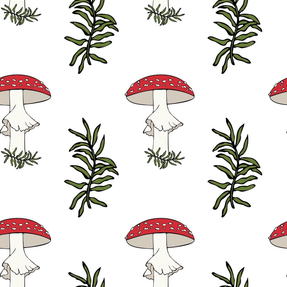 Seamless pattern with poisonous Amanita and Moss, hand drawn doodle outline drawing, danger and poisoning from poisonous mushrooms,white background. vector