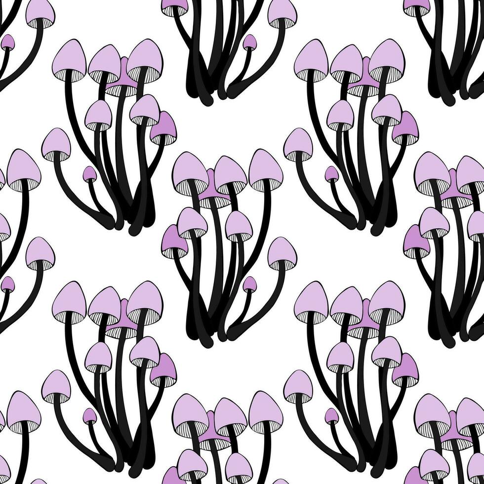 Pattern with unreal fantastic purple pink mushrooms, fairy plants, on white background. vector