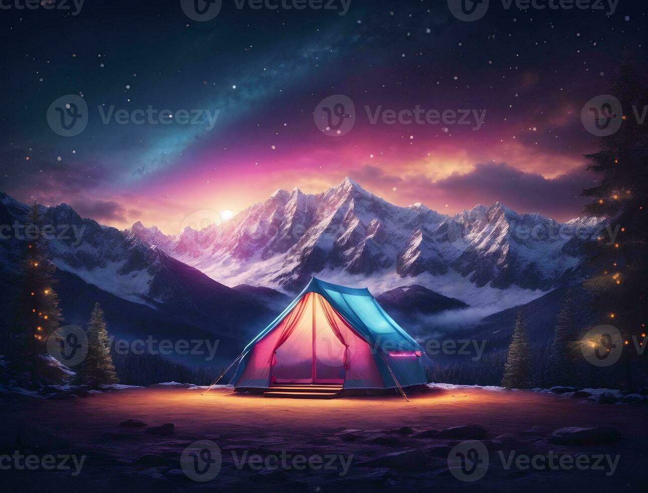 Neon light camping tent on the top of mountain in the night time with milky way background. photo
