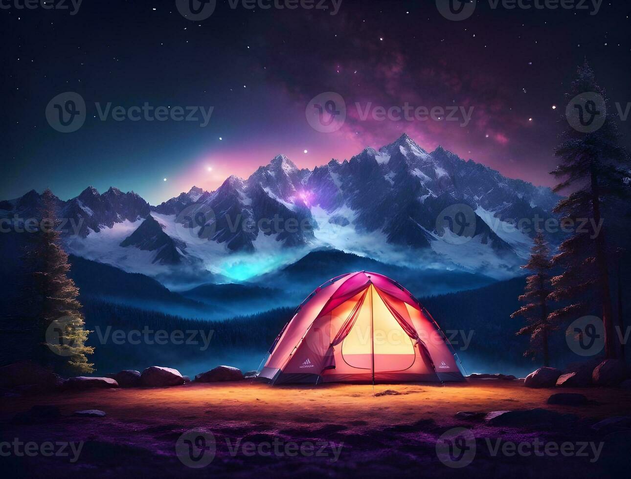 Neon light camping tent on the top of mountain in the night time with milky way background. Ai generated photo