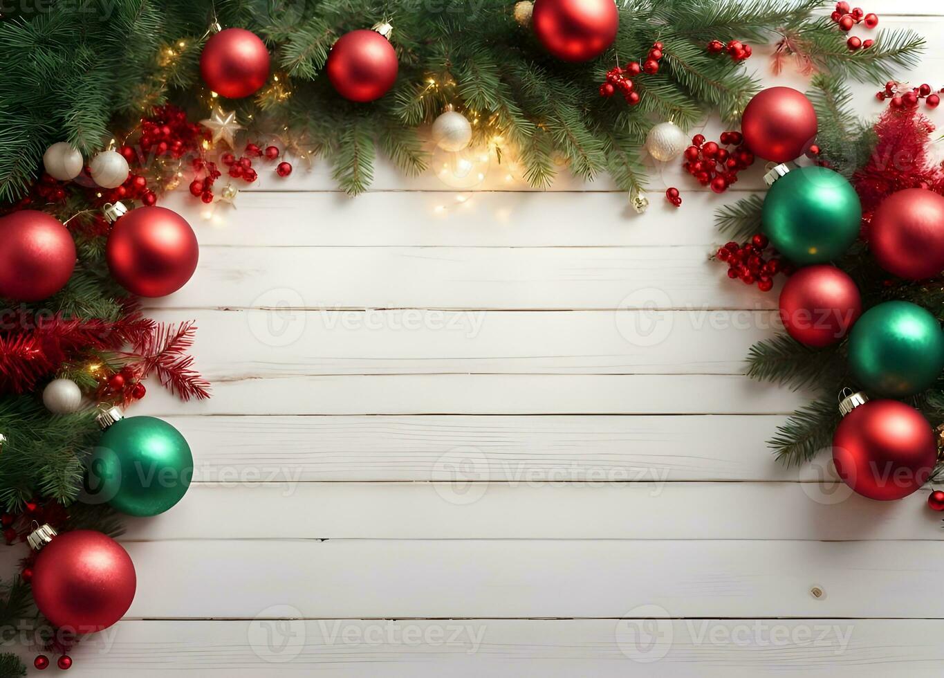 White wooden texture with christmas ornament balls and pine tree decoration frame with copyspace. Ai generated photo