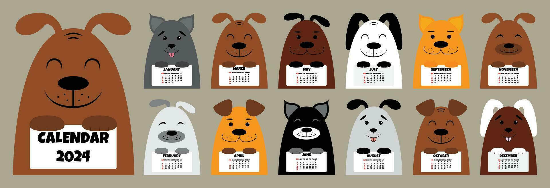 2024 calendar with cute doodle dogs. 2024 calendar A4 week start Sunday. Doodle dogs. Vector illustration