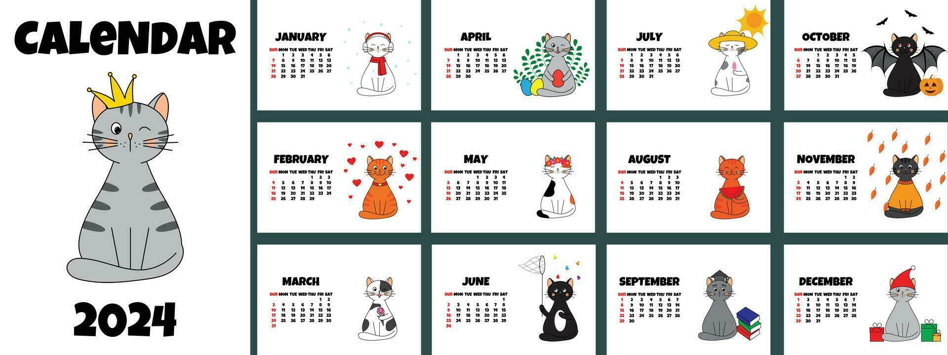 Wall calendar for 2024 with cute flat style cats. Different cats for each month. Set of 12 pages. Vector illustration