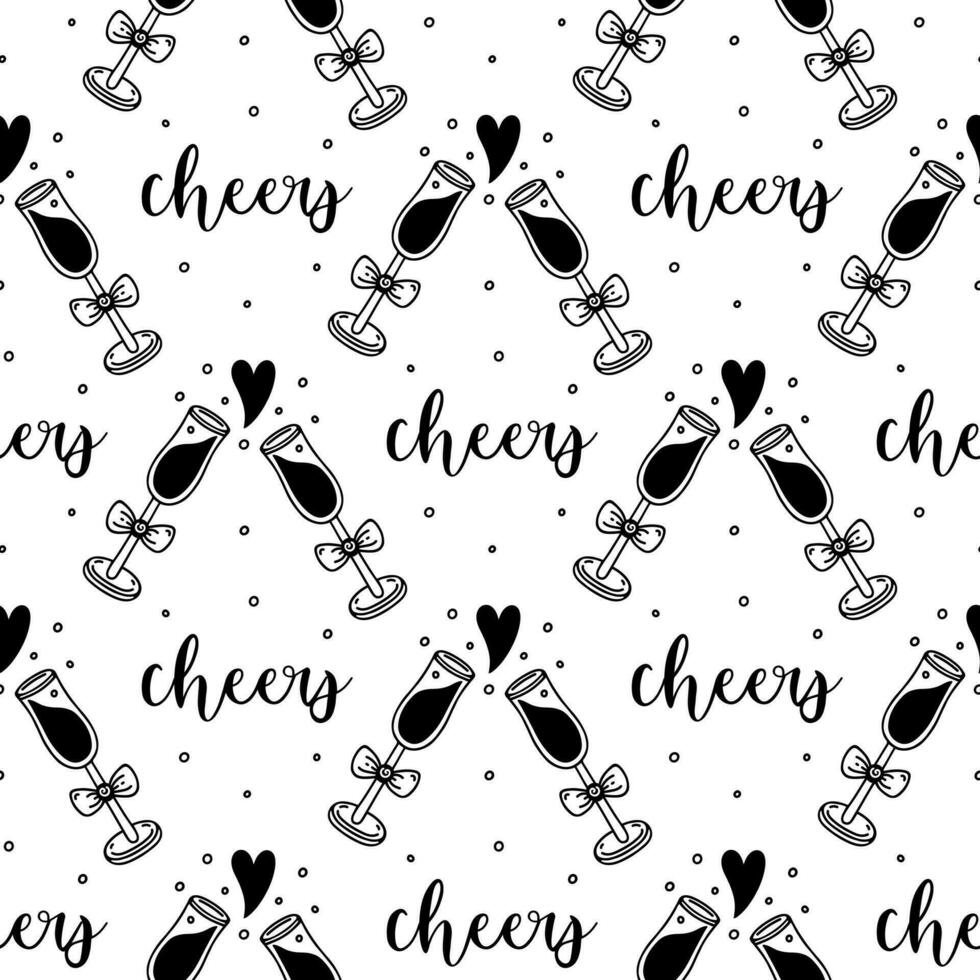 Champagne glasses clinking seamless vector pattern. Hand drawn doodle, sketch. Cheers, elegant glasses decorated with bows. Toast, drink with bubbles for date, wedding. Black and white background