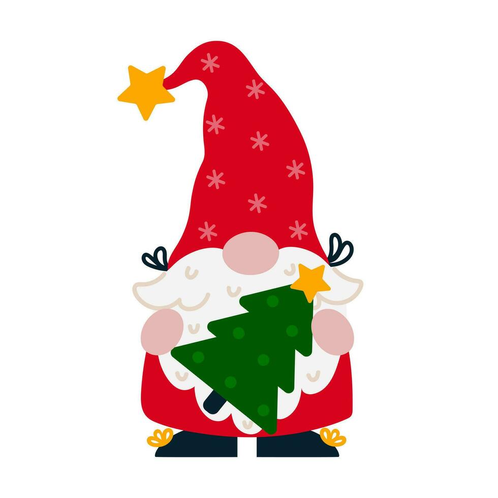 Cute gnome with a Christmas tree. Hand drawn vector illustration isolated on white. Santa Claus helper in a stocking cap with a star and snowflakes, red suit. Flat cartoon clipart for print, cards