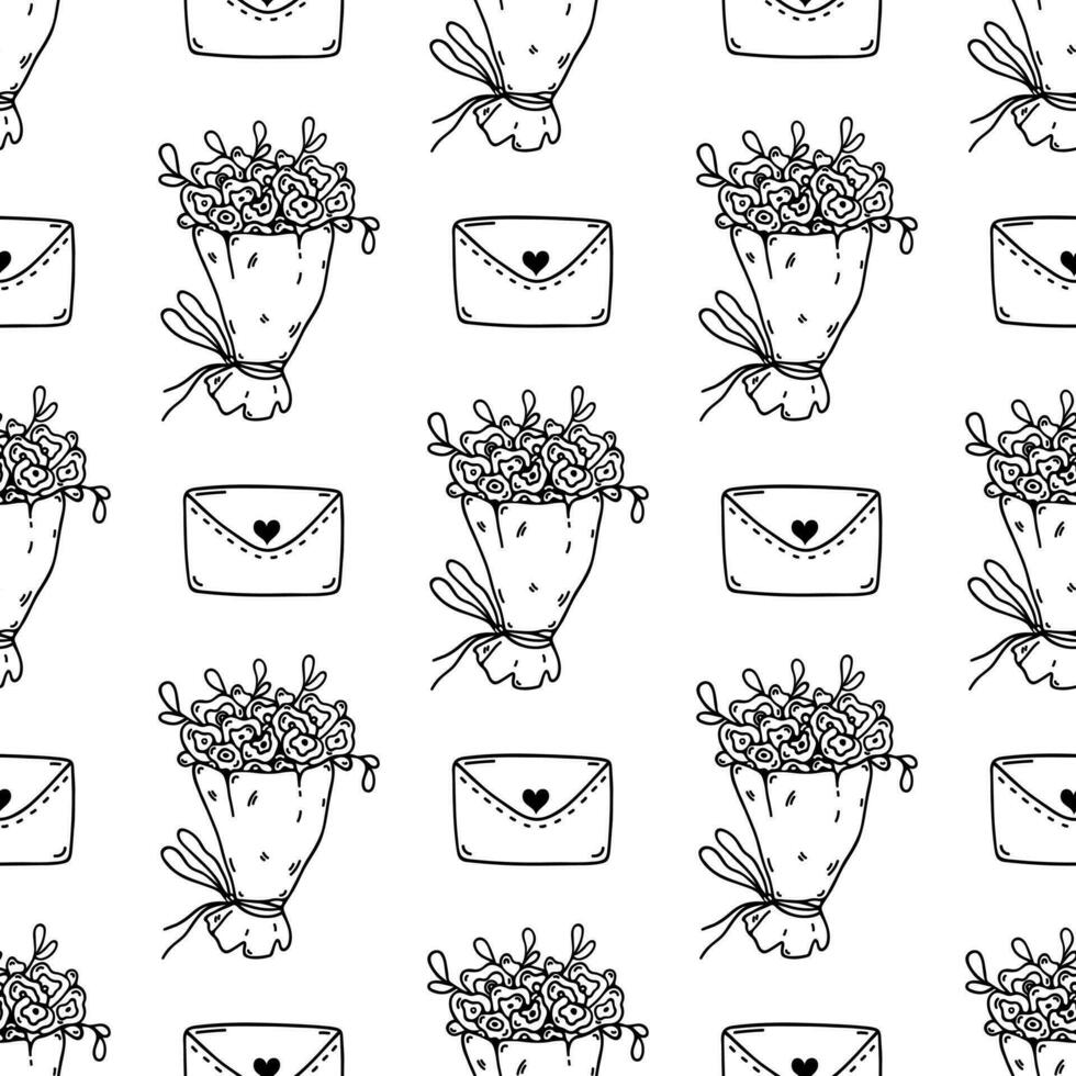 Bouquets of roses and envelopes with heart stamps, seamless vector pattern. Bunches of flowers, romantic love messages for wedding, marriage, date, Valentine's Day. Black and white doodle background