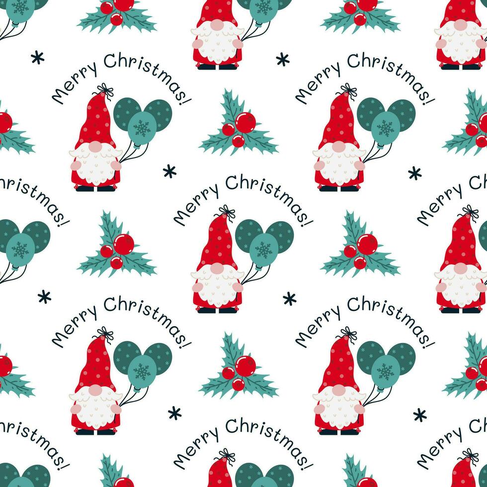 Cute gnomes with balloons seamless vector pattern. Merry Christmas, festive elves in stocking caps, with holly berries, snowflakes. Santa Claus helpers. Flat cartoon background for cards, print, web