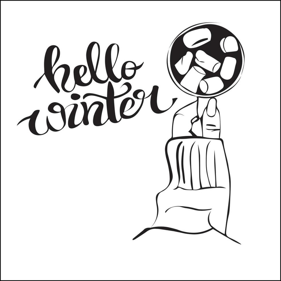 Mug of hot cocoa and marshmallows in female hand will warm you up on winter days. Warm up with drink. Hand lettering quote for advertising, baking, banners and cafe vector