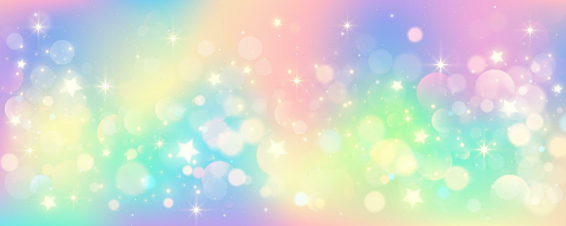 Rainbow unicorn pastel background with glitter stars. Pink fantasy sky. Holographic space with bokeh. Fairy iridescent gradient backdrop. Vector