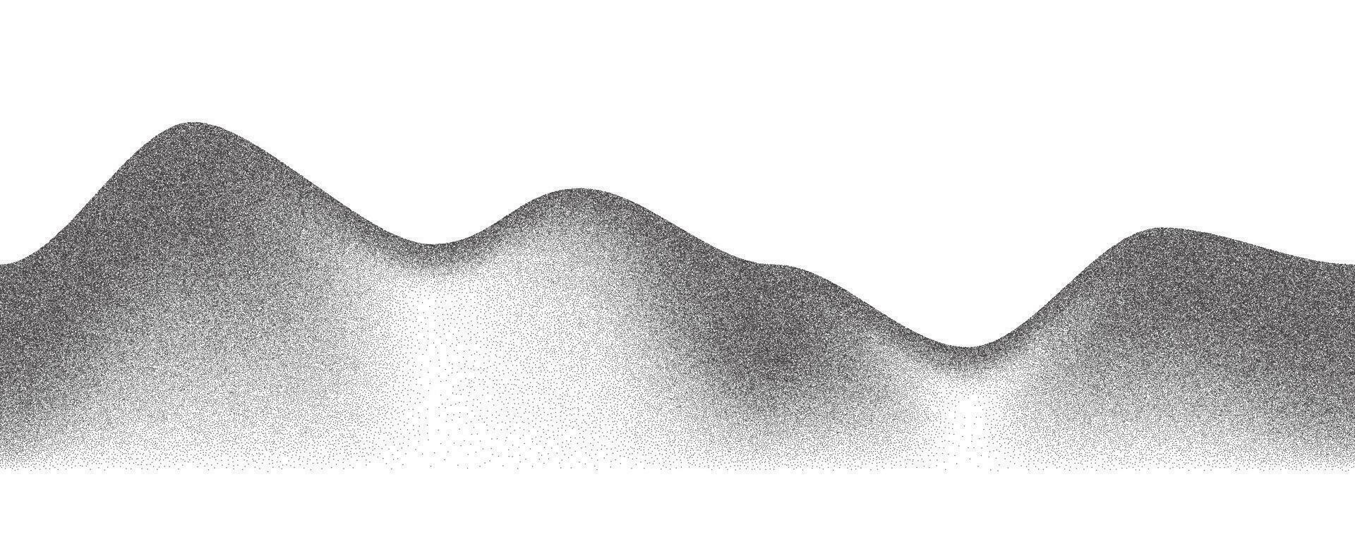 Noisy grainy background. Dotted sand mountains with stipple grunge effect. Black abstract hills. Wavy dust sprayed illustration. Vector halftone landscape