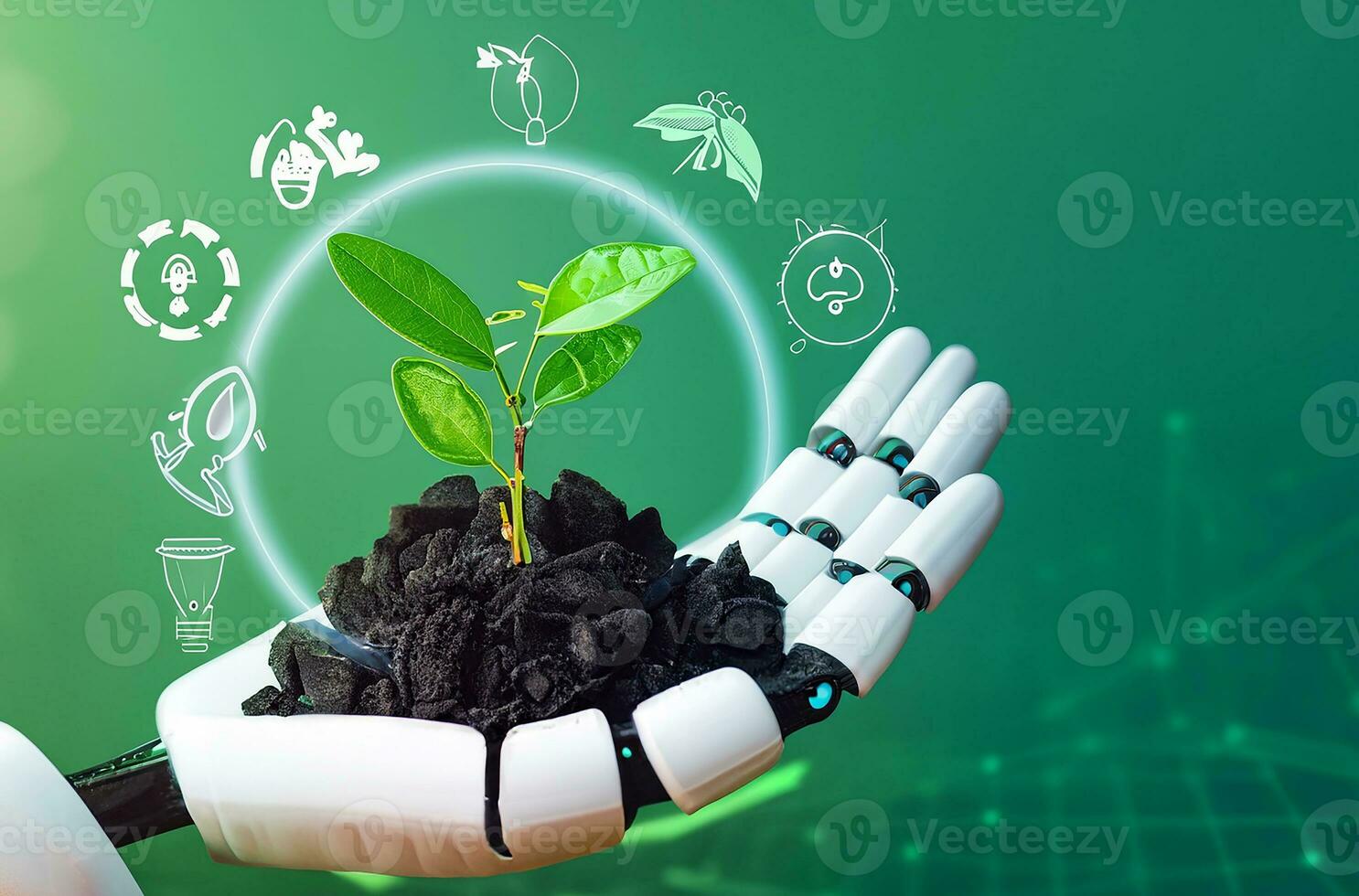 sostenible desarrollo objetivo concepto, robot mano participación pequeño plantas con ambiente icono, verde tecnología y ambiental tecnología, artificial inteligencia y tecnología ecología generativo foto