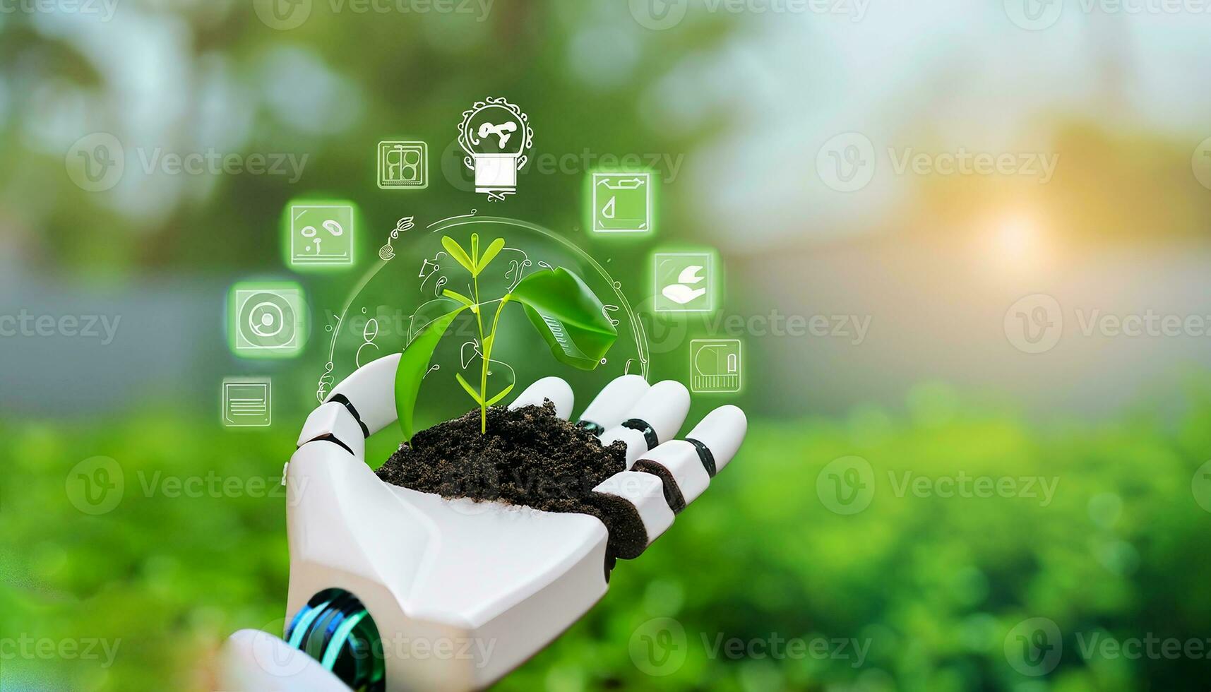 Sustainable development goal concept, Robot hand holding small plants with Environment icon,Green technology and Environmental technology, Artificial Intelligence and Technology ecology,AI Generative photo