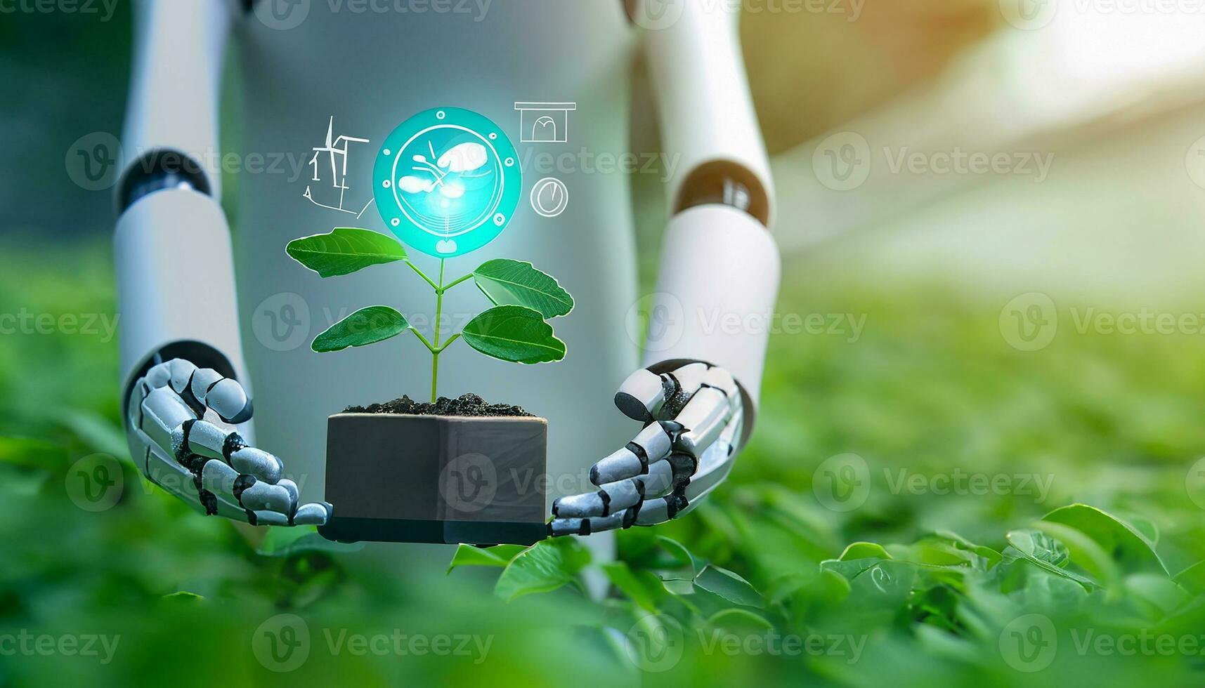 sostenible desarrollo objetivo concepto, robot mano participación pequeño plantas con ambiente icono, verde tecnología y ambiental tecnología, artificial inteligencia y tecnología ecología generativo foto