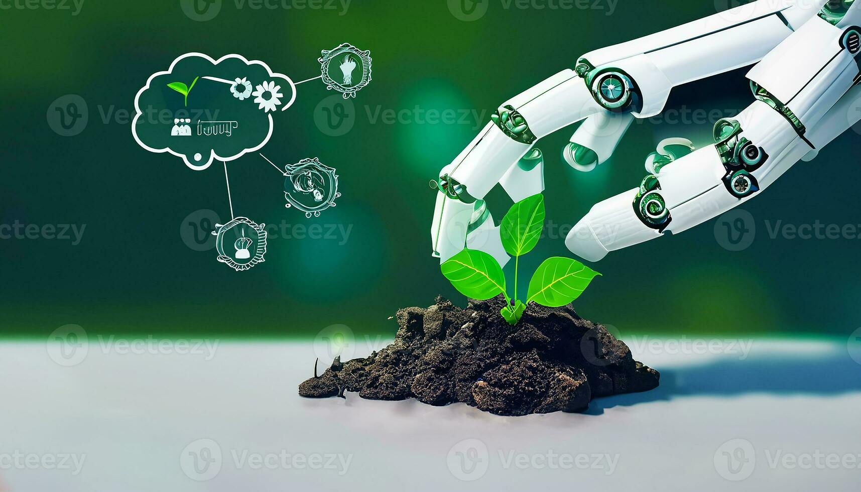 sostenible desarrollo objetivo concepto, robot mano participación pequeño plantas con ambiente icono, verde tecnología y ambiental tecnología, artificial inteligencia y tecnología ecología generativo foto