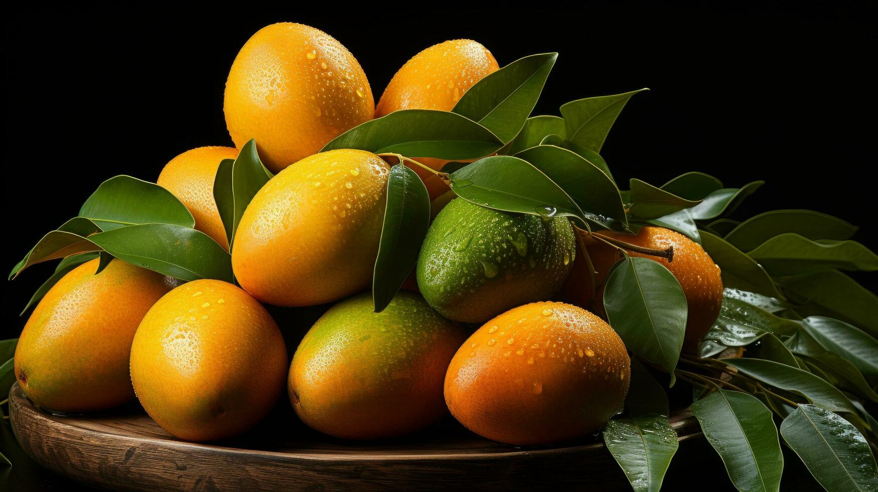 Yellow mango with green leaf Generative AI photo