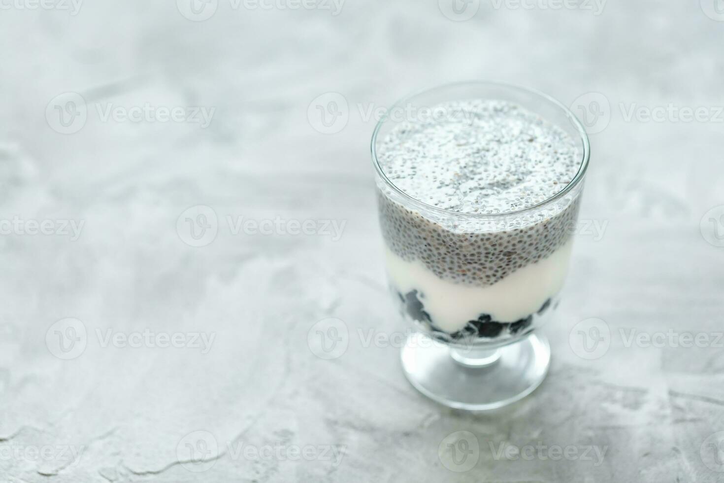 Chia seed pudding with almond milk, yogurt and blueberries dessert in a glass. Superfood and vegan food concept. Gray background. Copy space, selective focus photo