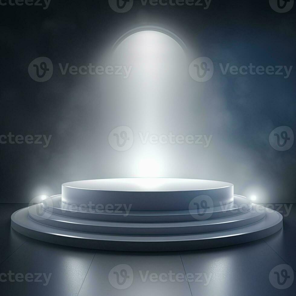 Round podium display for product design. Silver stage in spotlights and rays, black background. Generative AI photo