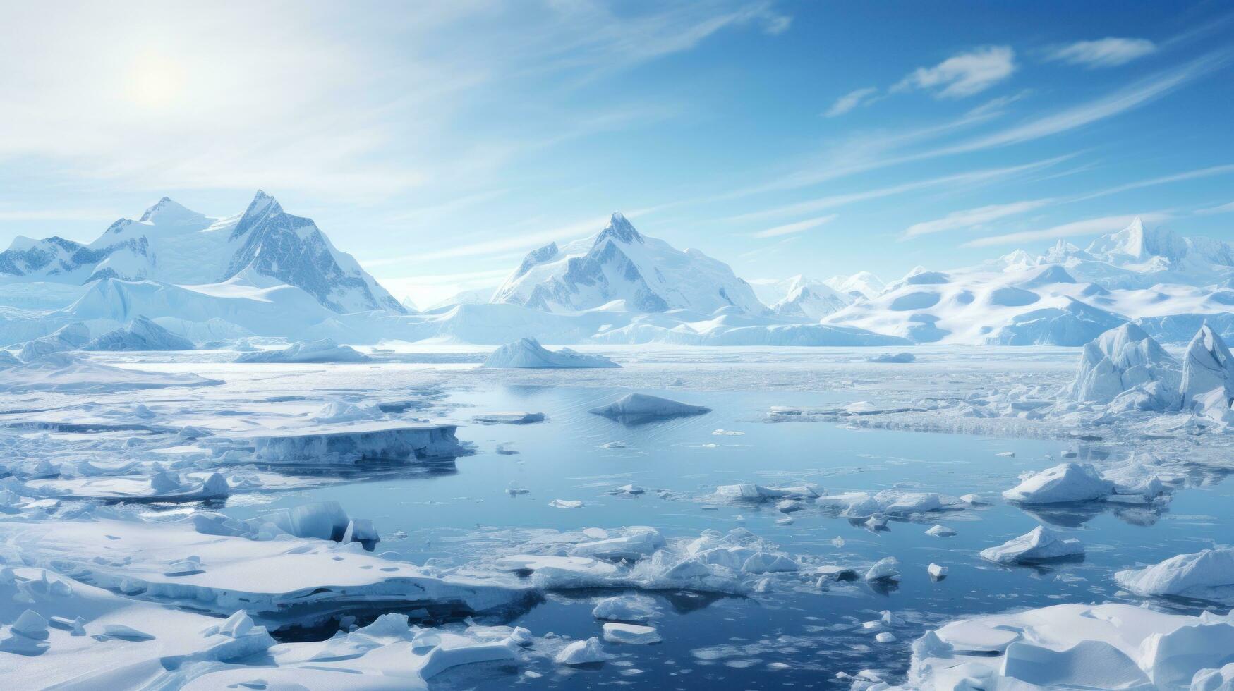 Snowy mountains reflected in calm water around ice floe photo