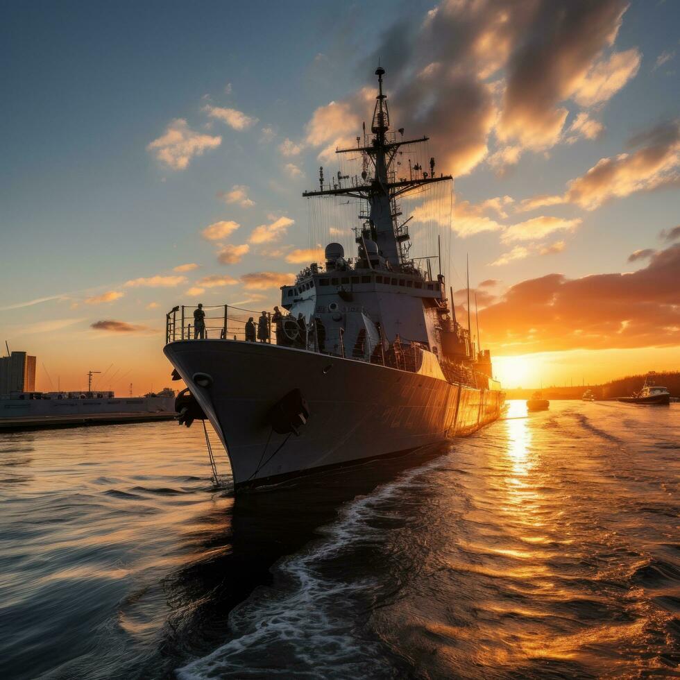 Sunset over a navy ship on the open sea photo