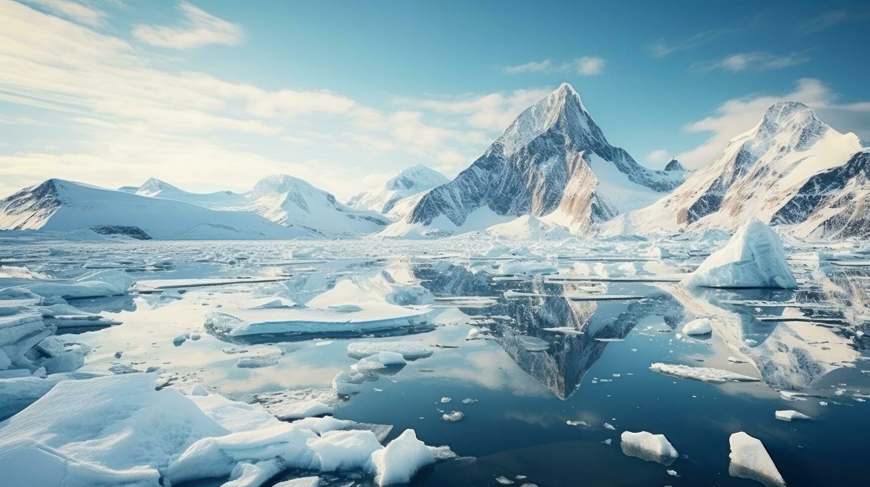 Snowy mountains reflected in calm water around ice floe photo